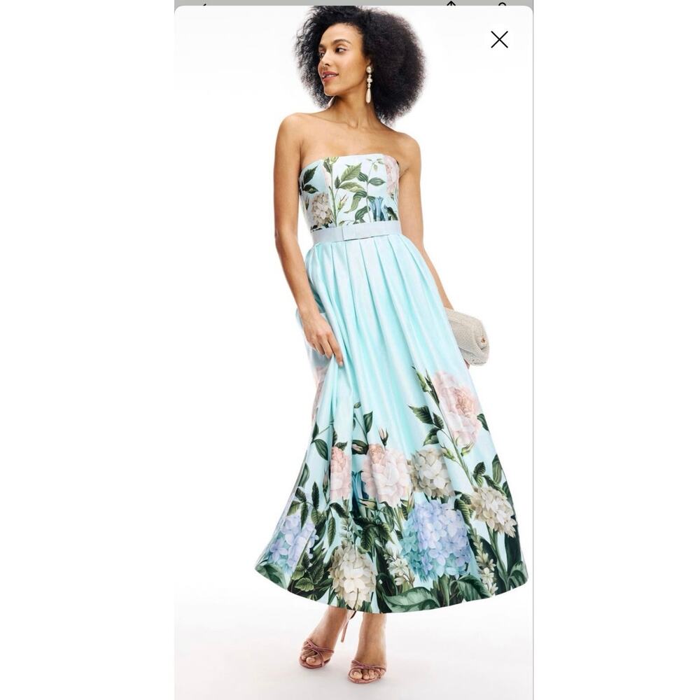 NISSA Sky Blue Pink Corset Style Hydrangea Florals Strapless Flowy Gown size 4